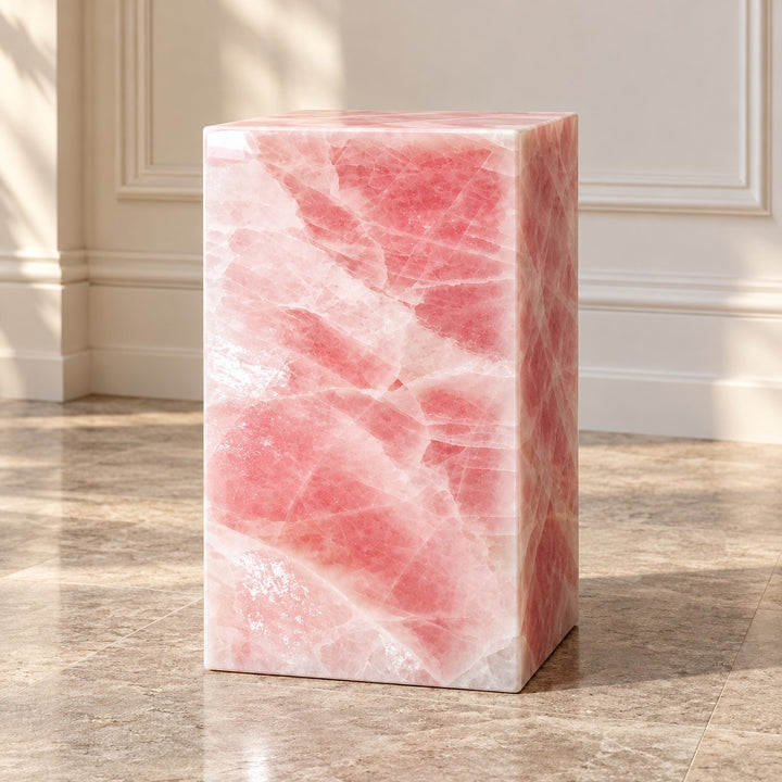 Modern Geometric Rose Quartz Marble Side Table Sculptural Accent for Living Room