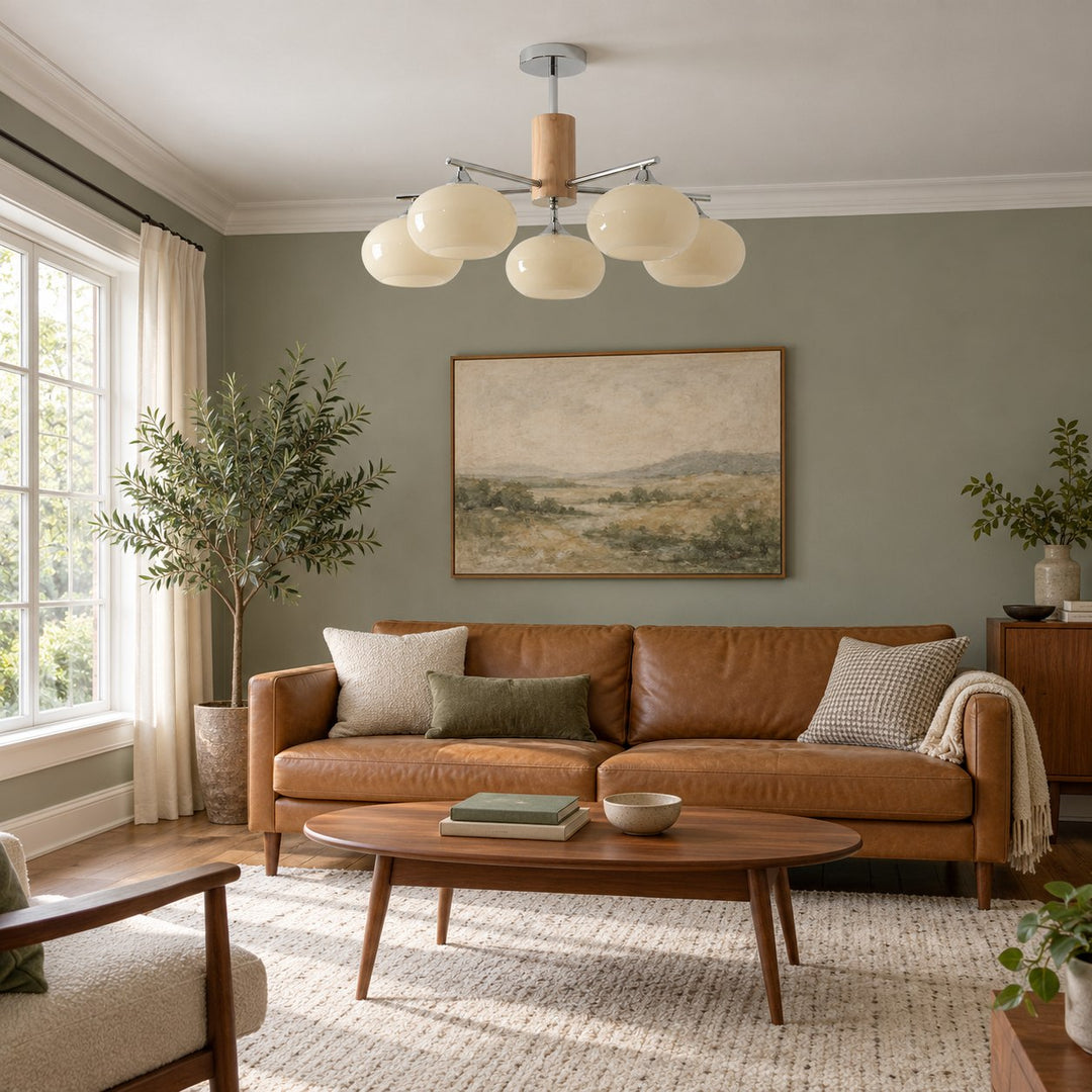Midcentury Elliptical Chandelier Ceiling Light with Metal Frame and Glass Shade LED Compatible