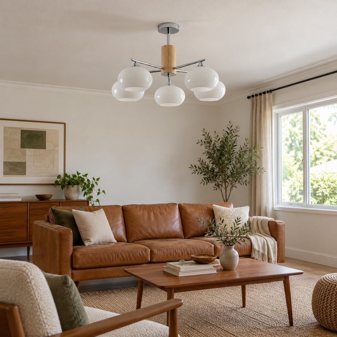 Midcentury Elliptical Chandelier Ceiling Light with Metal Frame and Glass Shade LED Compatible