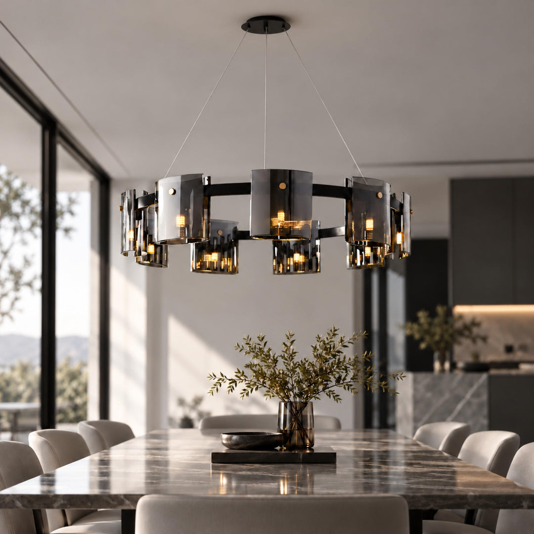Modern Chandelier Ceiling Light Adjustable Height Metal and Glass LED Indoor Fixture