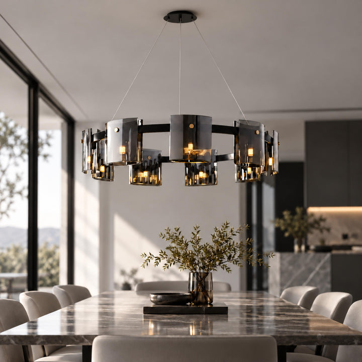 Modern Chandelier Ceiling Light Adjustable Height Metal and Glass LED Indoor Fixture