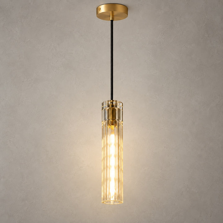 Modern Slim Crystal LED Pendant Light – Copper Cylindrical 3000K Design