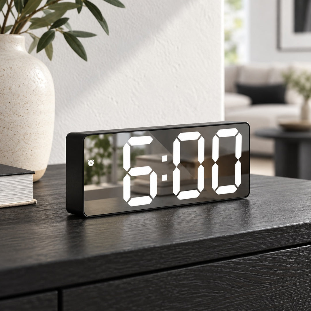 Modern Digital Alarm Clock with Curved Mirror Screen Adjustable LED Display and Temperature Feature