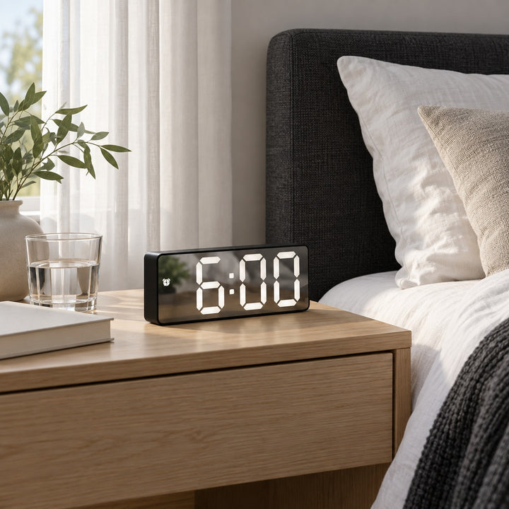 Modern Digital Alarm Clock with Curved Mirror Screen Adjustable LED Display and Temperature Feature