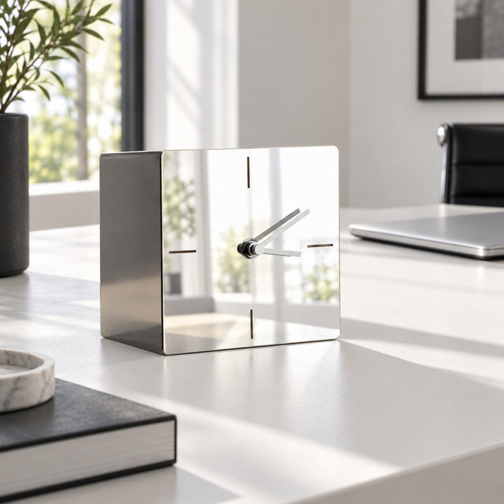 Modern Square Desk Clock Stainless Steel Analog Quartz Movement Minimalist Design 13cm 18cm