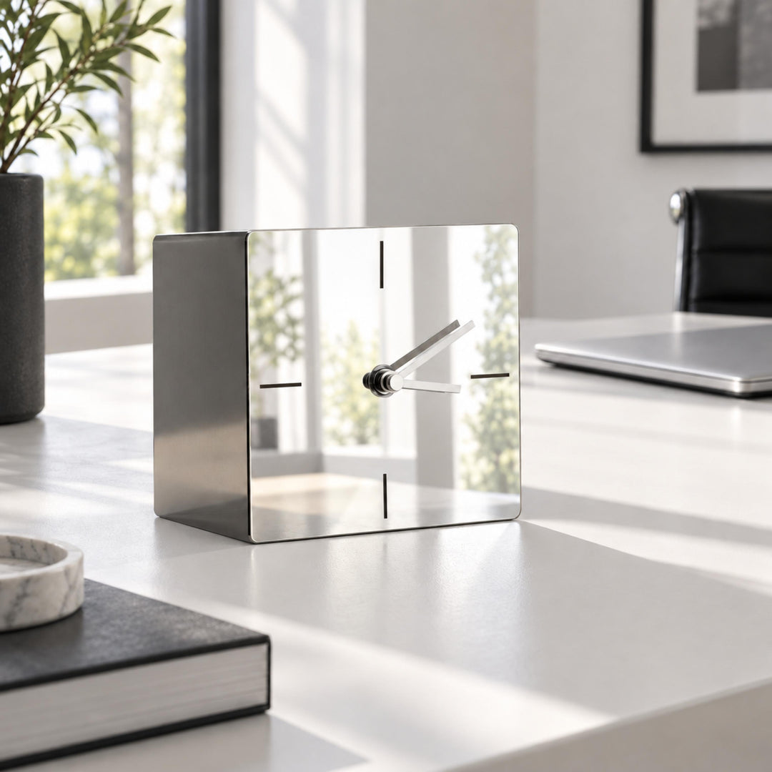 Modern Square Desk Clock Stainless Steel Analog Quartz Movement Minimalist Design 13cm 18cm
