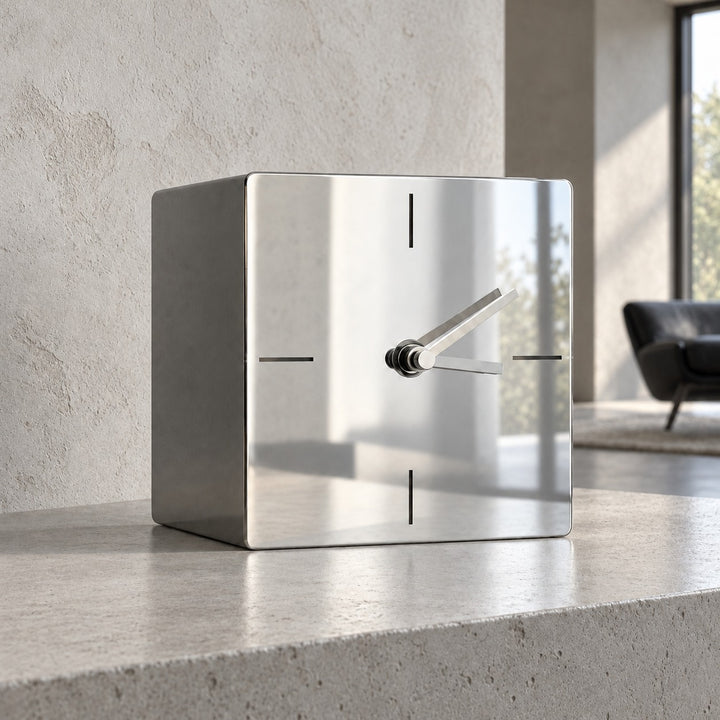 Modern Square Desk Clock Stainless Steel Analog Quartz Movement Minimalist Design 13cm 18cm