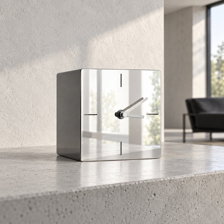 Modern Square Desk Clock Stainless Steel Analog Quartz Movement Minimalist Design 13cm 18cm