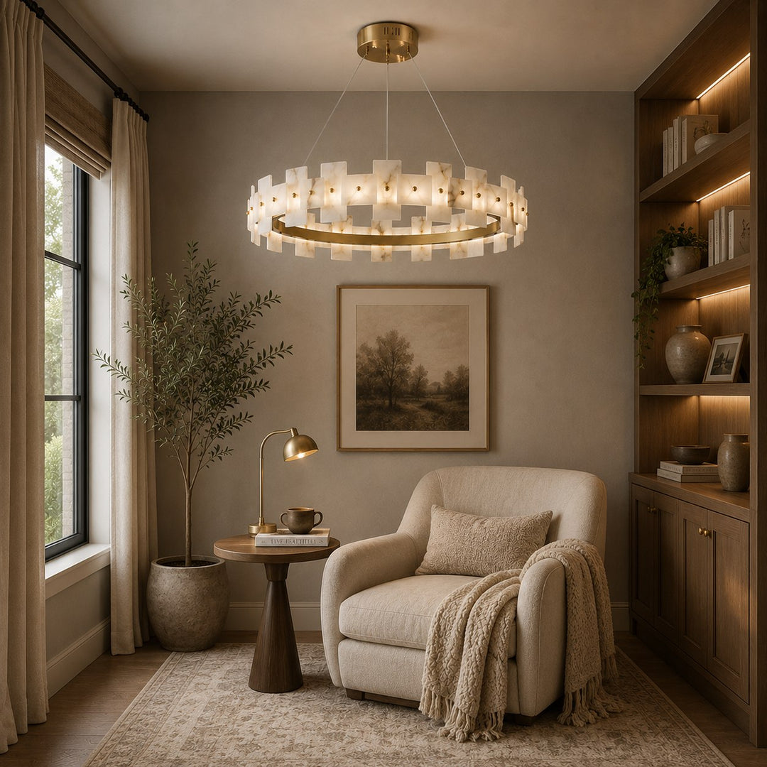Modern Alabaster Chandelier Ceiling Mounted Brass Finish Dimmable LED Compatible 60W
