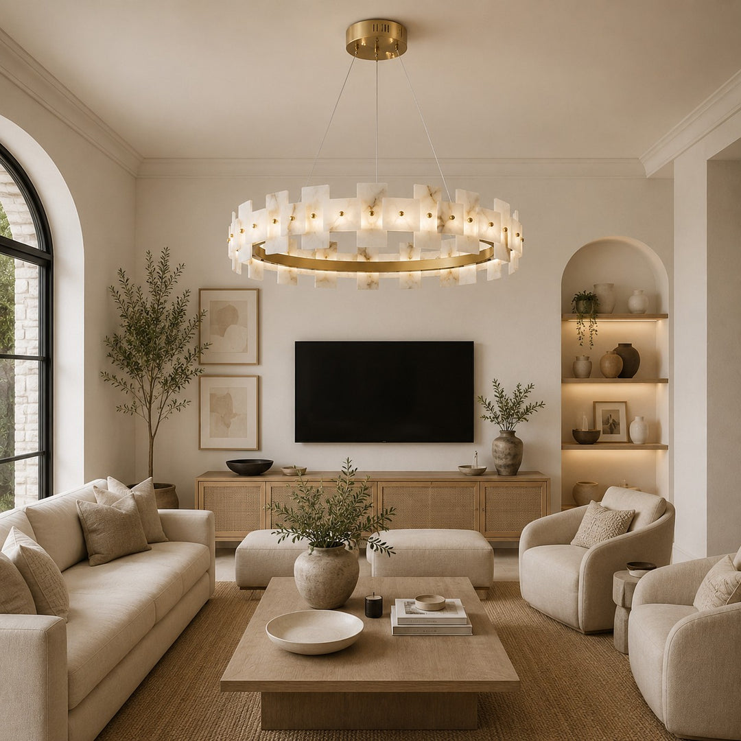 Modern Alabaster Chandelier Ceiling Mounted Brass Finish Dimmable LED Compatible 60W