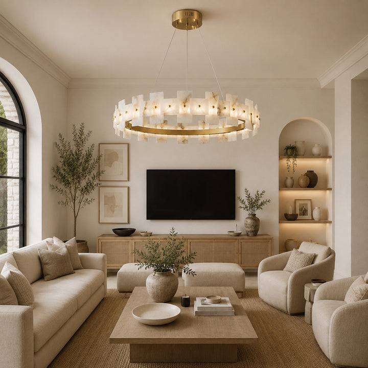 Modern Alabaster Chandelier Ceiling Mounted Brass Finish Dimmable LED Compatible 60W