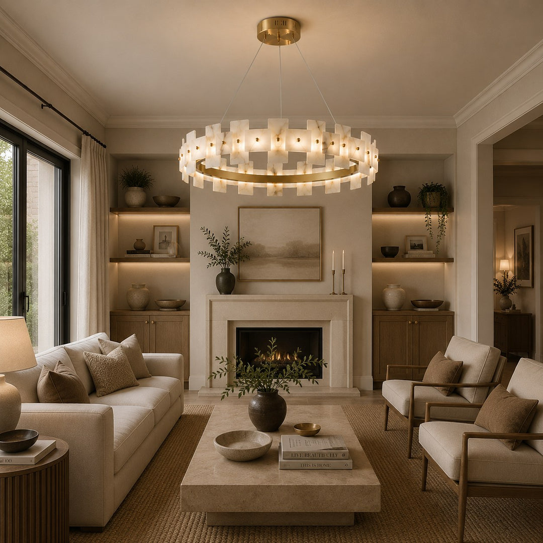 Modern Alabaster Chandelier Ceiling Mounted Brass Finish Dimmable LED Compatible 60W