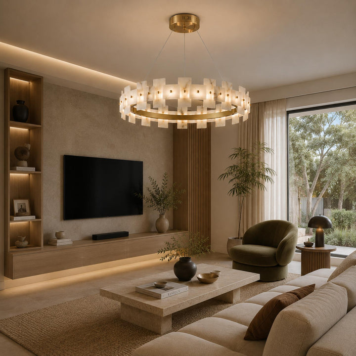 Modern Alabaster Chandelier Ceiling Mounted Brass Finish Dimmable LED Compatible 60W