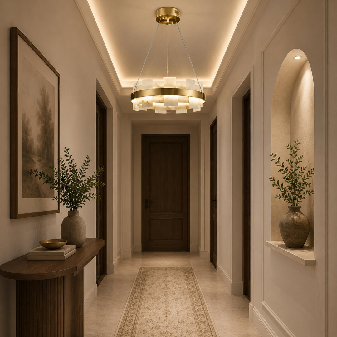 Modern Alabaster Chandelier Ceiling Mounted Brass Finish Dimmable LED Compatible 60W