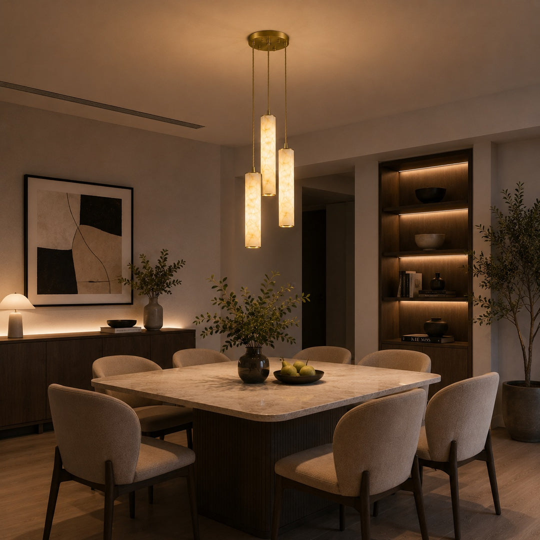 Modern Alabaster Chandelier Hanging Light Fixture Adjustable Height LED Illumination