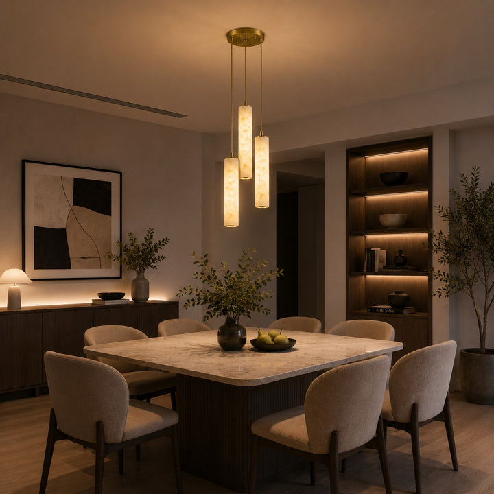 Modern Alabaster Chandelier Hanging Light Fixture Adjustable Height LED Illumination
