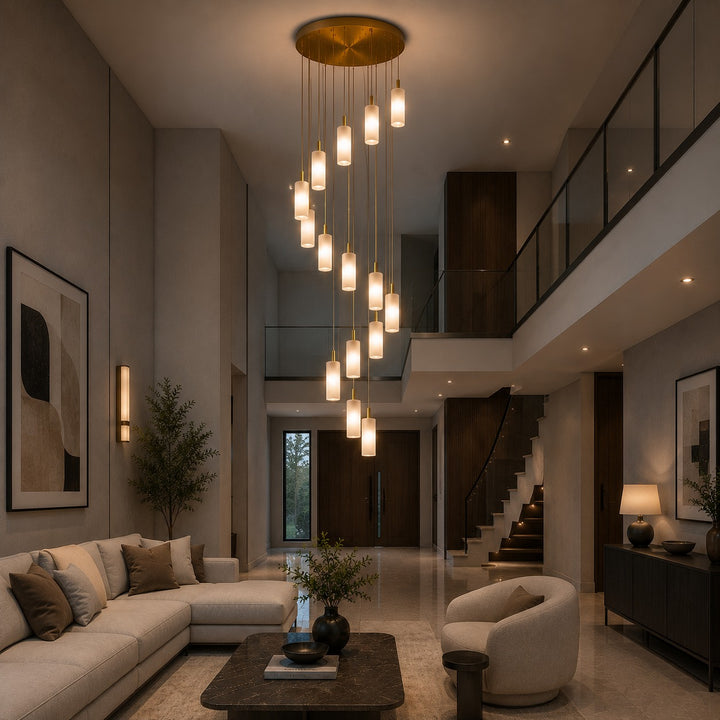 Modern Alabaster Chandelier Hanging Light Fixture Adjustable Height LED Illumination