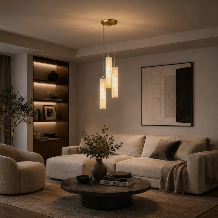Modern Alabaster Chandelier Hanging Light Fixture Adjustable Height LED Illumination
