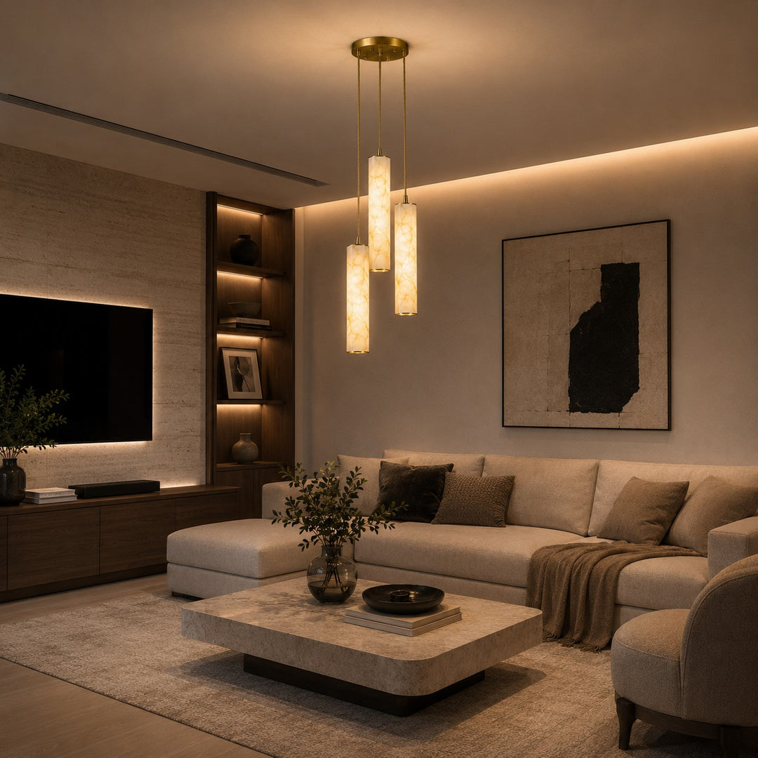 Modern Alabaster Chandelier Hanging Light Fixture Adjustable Height LED Illumination