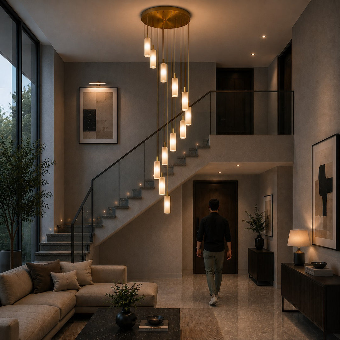 Modern Alabaster Chandelier Hanging Light Fixture Adjustable Height LED Illumination