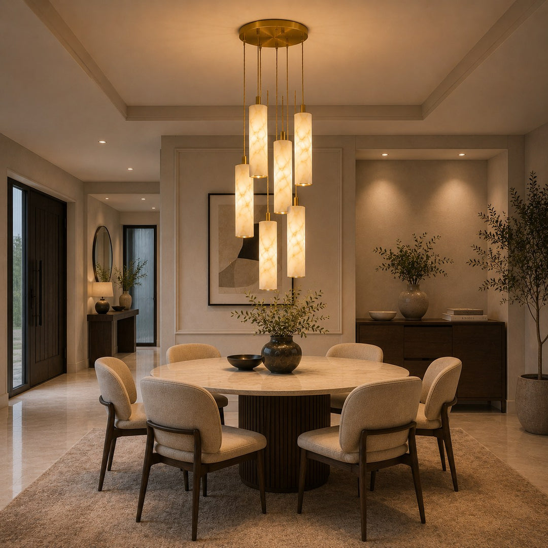 Modern Alabaster Chandelier Hanging Light Fixture Adjustable Height LED Illumination