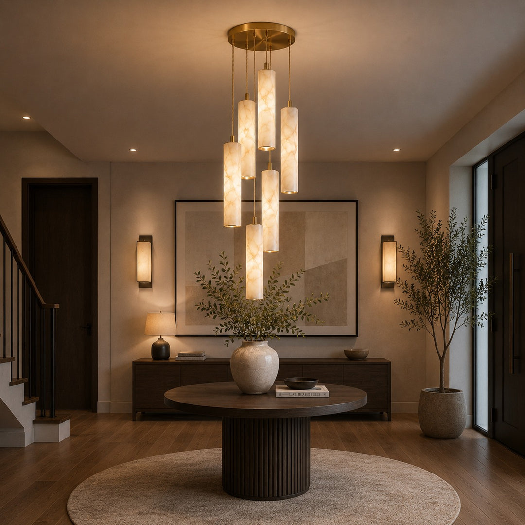Modern Alabaster Chandelier Hanging Light Fixture Adjustable Height LED Illumination