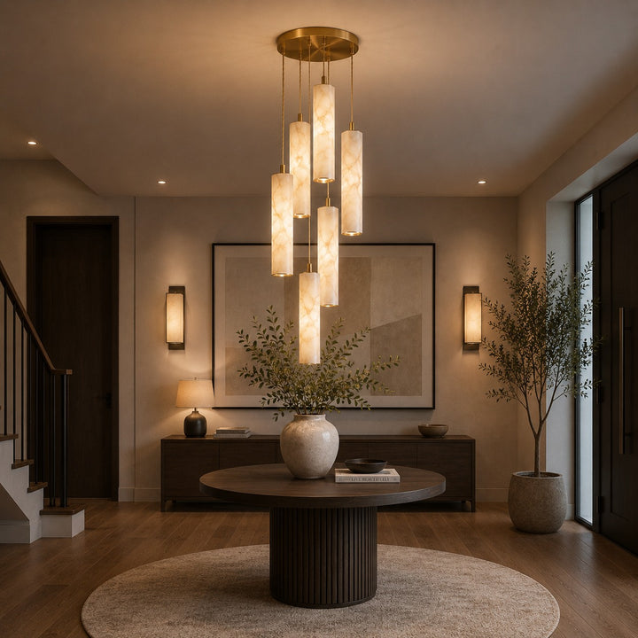 Modern Alabaster Chandelier Hanging Light Fixture Adjustable Height LED Illumination