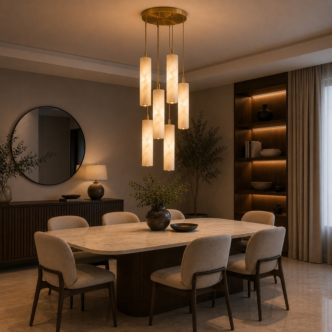 Modern Alabaster Chandelier Hanging Light Fixture Adjustable Height LED Illumination