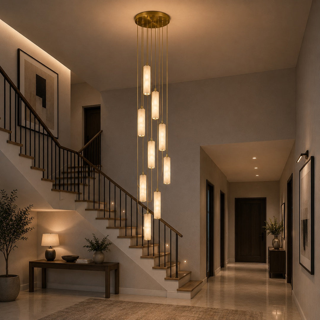 Modern Alabaster Chandelier Hanging Light Fixture Adjustable Height LED Illumination