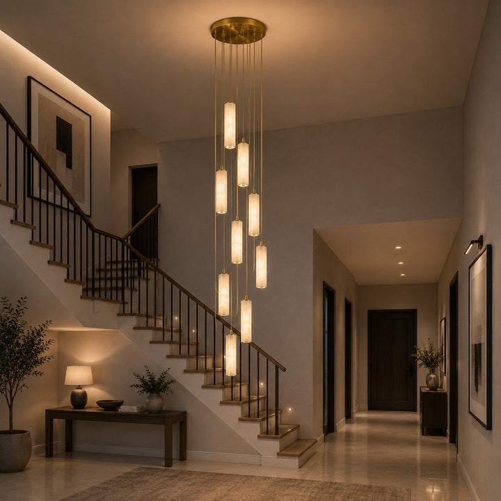 Modern Alabaster Chandelier Hanging Light Fixture Adjustable Height LED Illumination