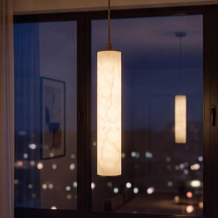 Modern Alabaster Chandelier Hanging Light Fixture Adjustable Height LED Illumination