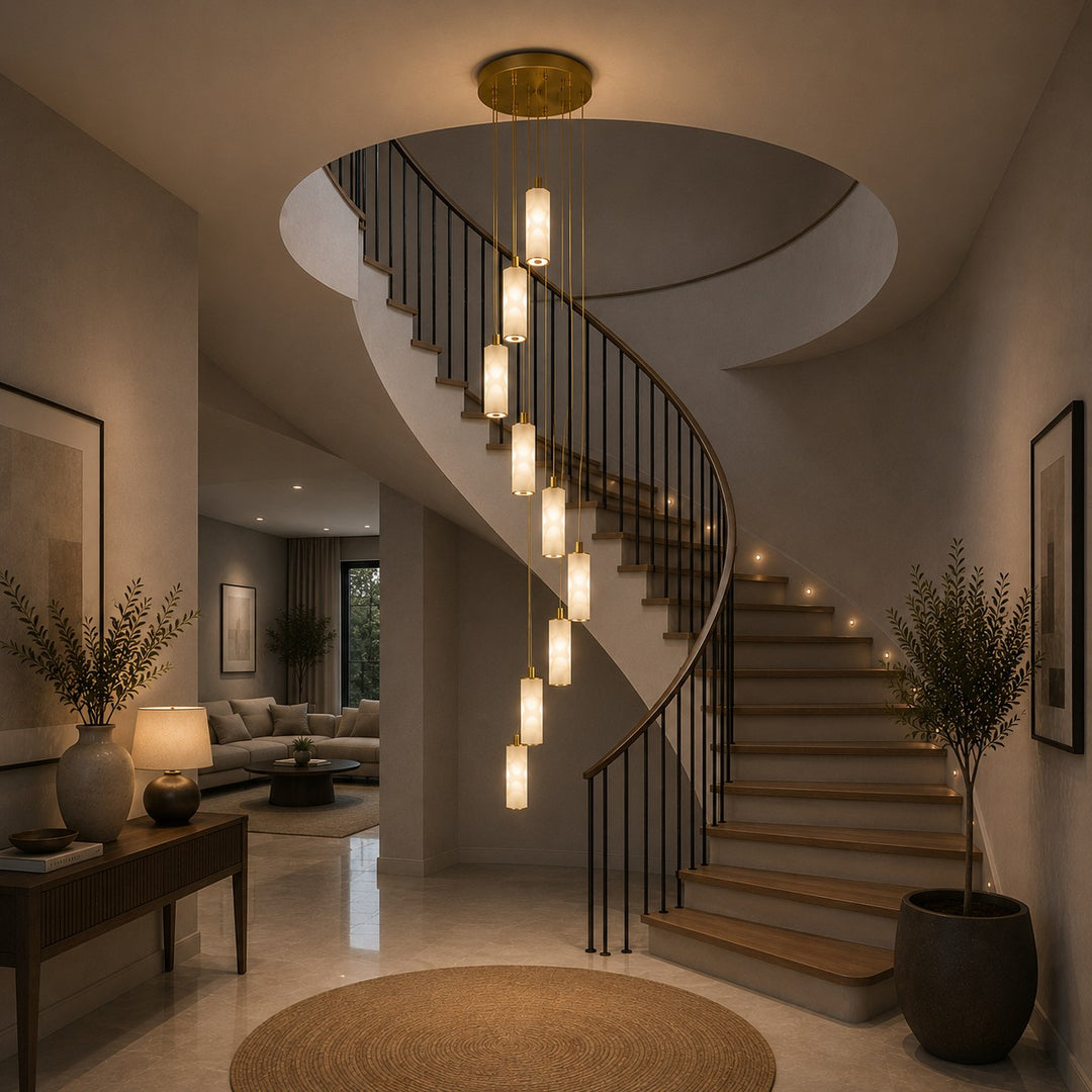 Modern Alabaster Chandelier Hanging Light Fixture Adjustable Height LED Illumination