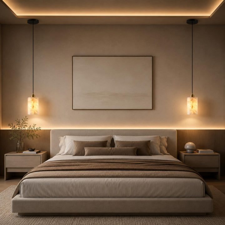 Modern Alabaster Cylinder Chandelier Adjustable Hanging Light Fixture with LED Bulbs