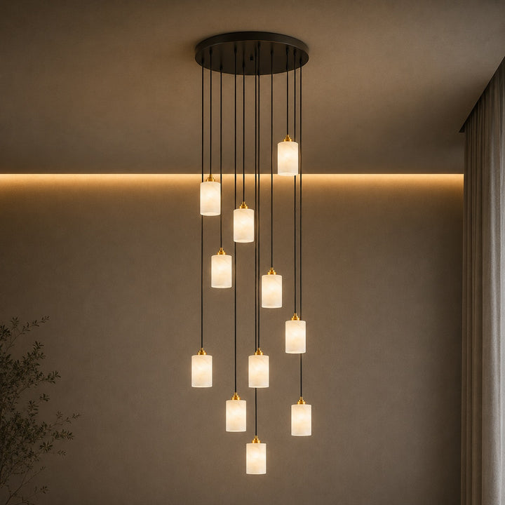 Modern Alabaster Cylinder Chandelier Adjustable Hanging Light Fixture with LED Bulbs