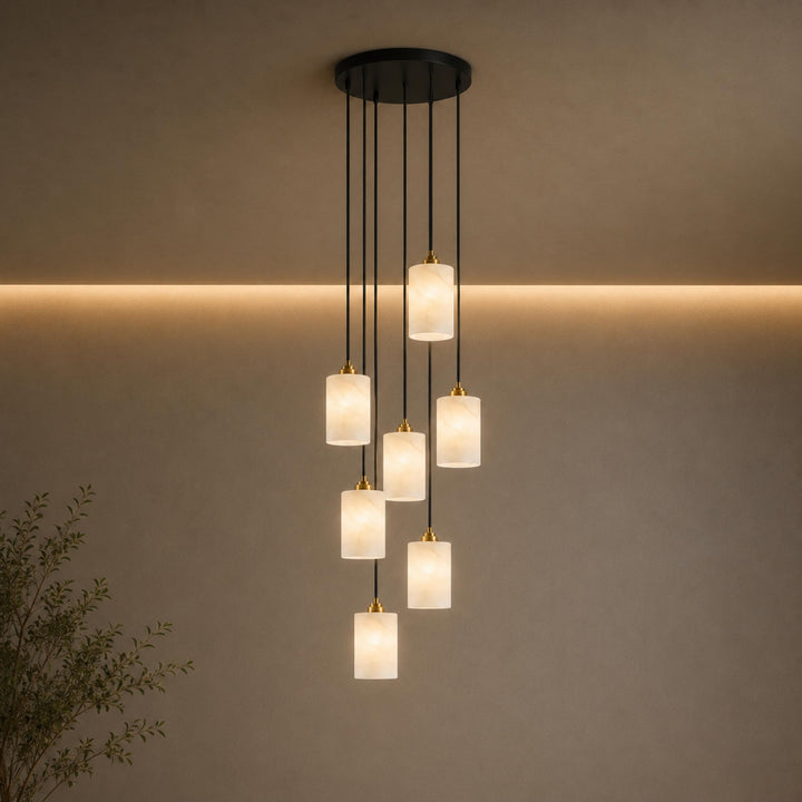 Modern Alabaster Cylinder Chandelier Adjustable Hanging Light Fixture with LED Bulbs
