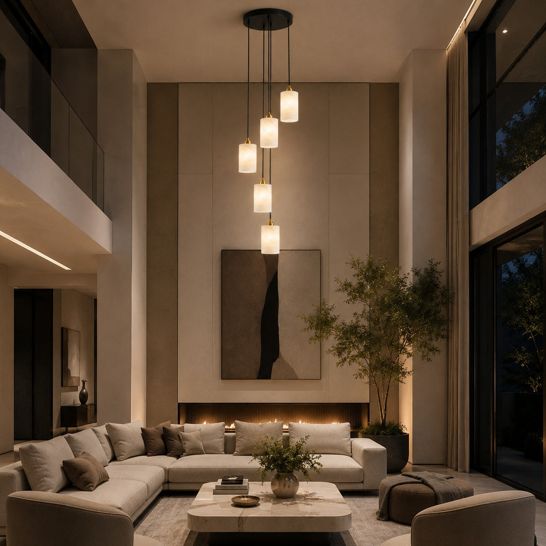 Modern Alabaster Cylinder Chandelier Adjustable Hanging Light Fixture with LED Bulbs