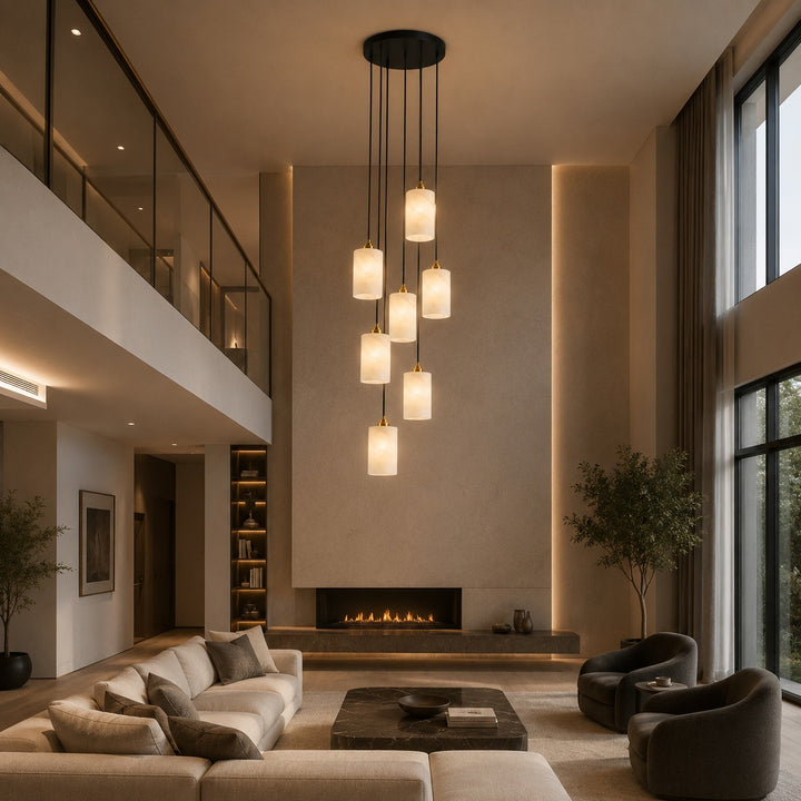 Modern Alabaster Cylinder Chandelier Adjustable Hanging Light Fixture with LED Bulbs