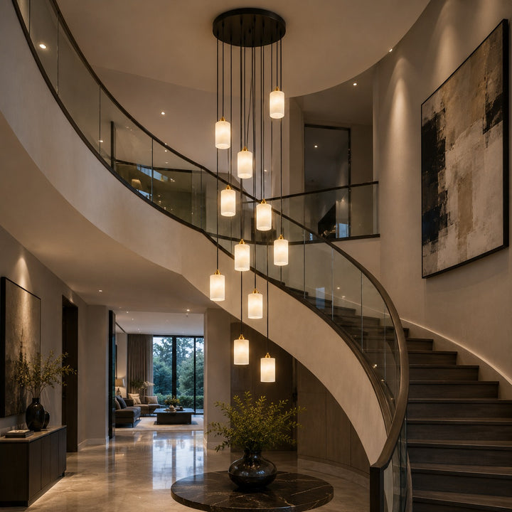 Modern Alabaster Cylinder Chandelier Adjustable Hanging Light Fixture with LED Bulbs