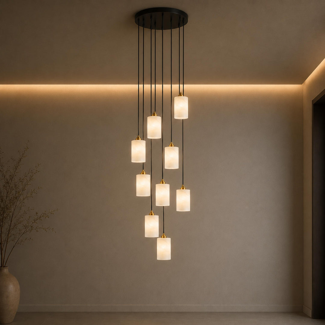 Modern Alabaster Cylinder Chandelier Adjustable Hanging Light Fixture with LED Bulbs