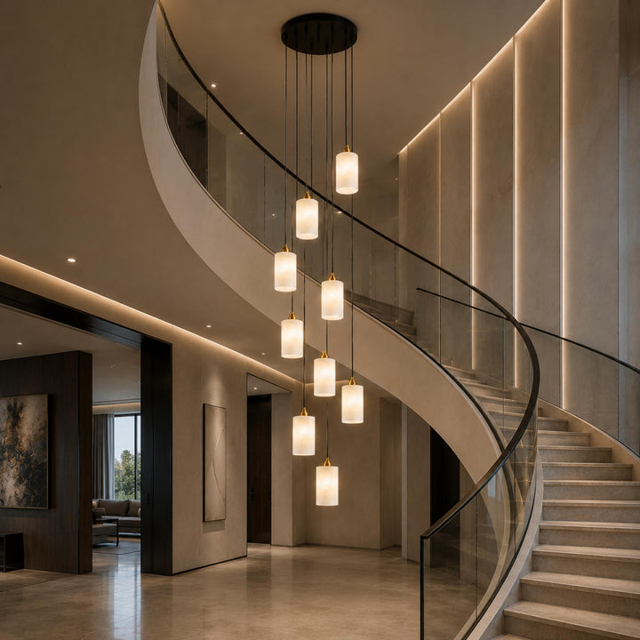 Modern Alabaster Cylinder Chandelier Adjustable Hanging Light Fixture with LED Bulbs