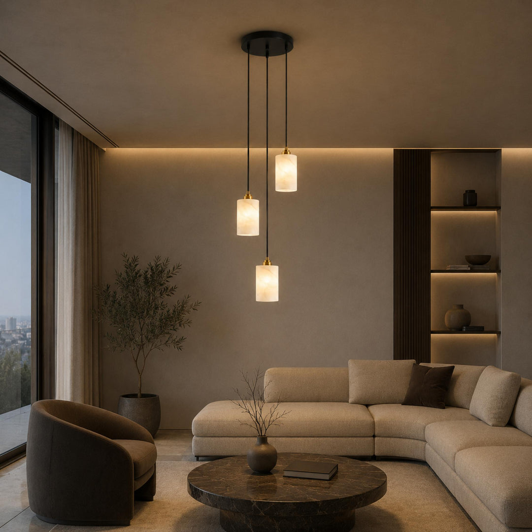 Modern Alabaster Cylinder Chandelier Adjustable Hanging Light Fixture with LED Bulbs