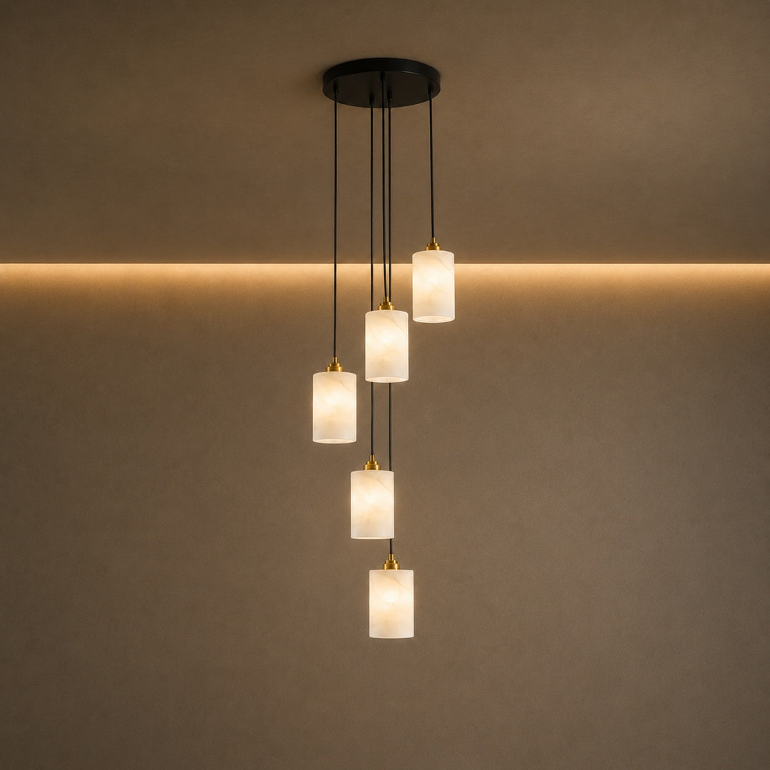 Modern Alabaster Cylinder Chandelier Adjustable Hanging Light Fixture with LED Bulbs