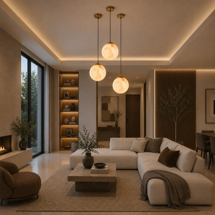 Modern Alabaster Globe Pendant Light Adjustable Ceiling Mount Integrated LED Soft Glow