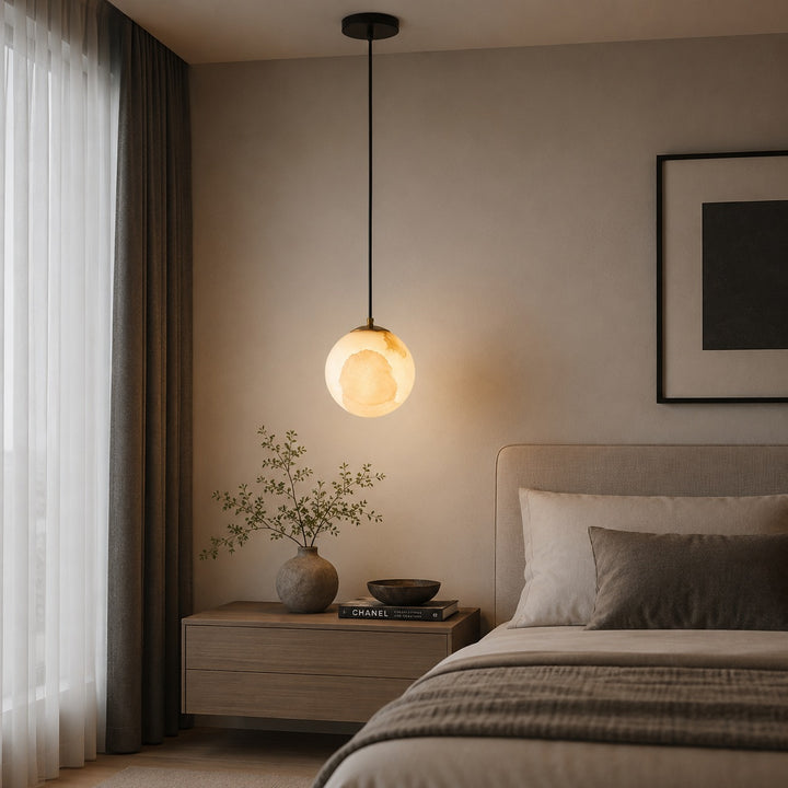 Modern Alabaster Globe Pendant Light Adjustable Ceiling Mount Integrated LED Soft Glow