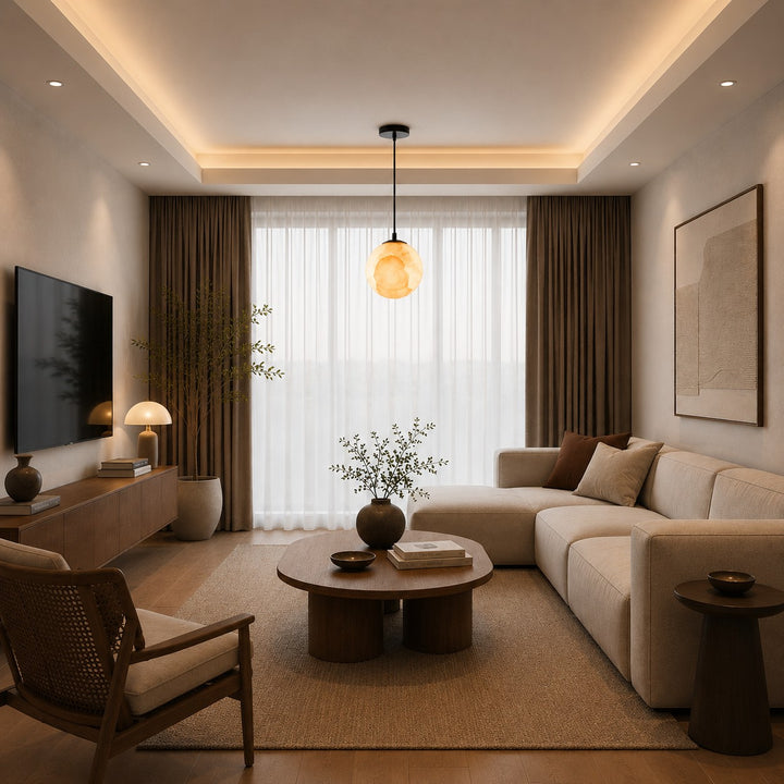 Modern Alabaster Globe Pendant Light Adjustable Ceiling Mount Integrated LED Soft Glow