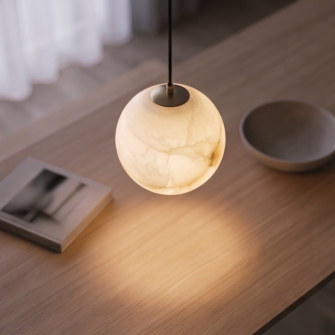 Modern Alabaster Globe Pendant Light Adjustable Ceiling Mount Integrated LED Soft Glow