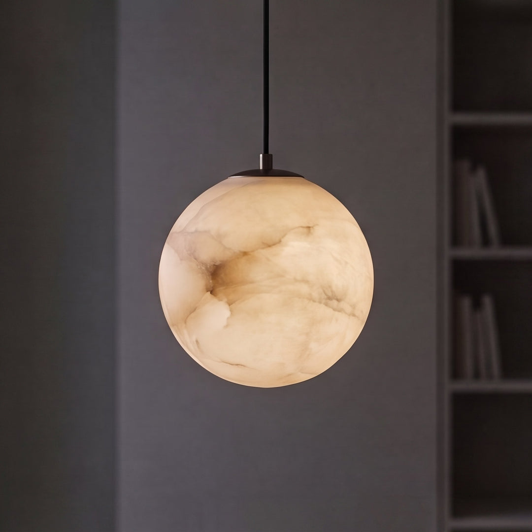 Modern Alabaster Globe Pendant Light Adjustable Ceiling Mount Integrated LED Soft Glow