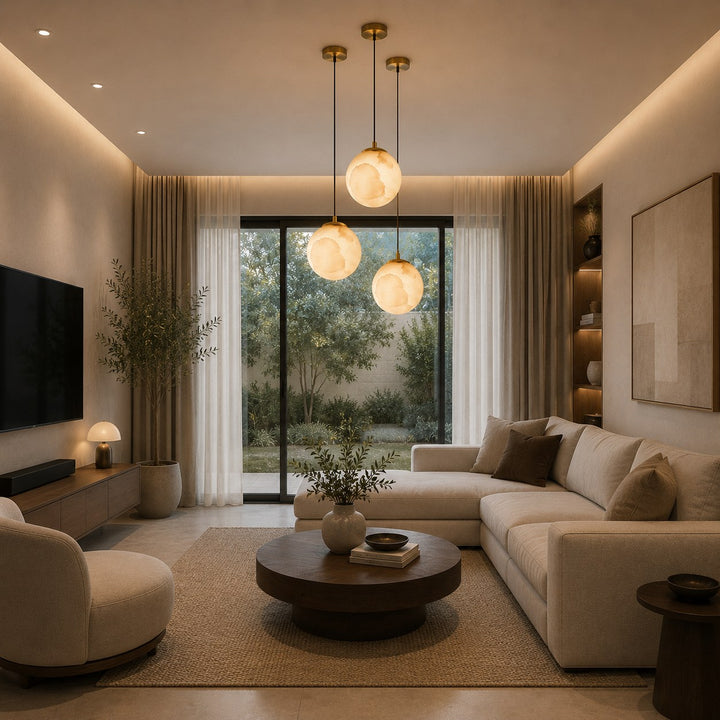 Modern Alabaster Globe Pendant Light Adjustable Ceiling Mount Integrated LED Soft Glow