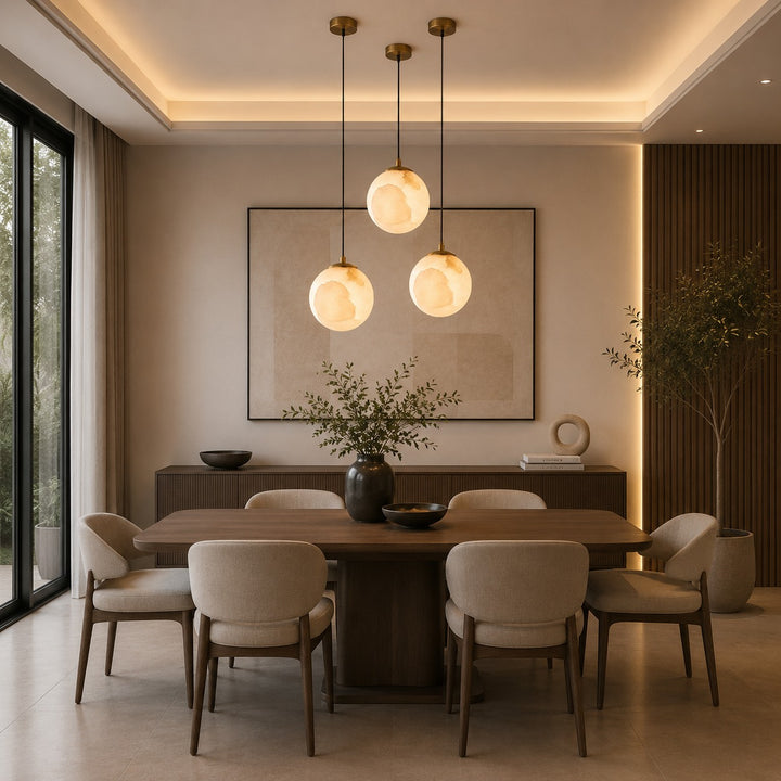 Modern Alabaster Globe Pendant Light Adjustable Ceiling Mount Integrated LED Soft Glow