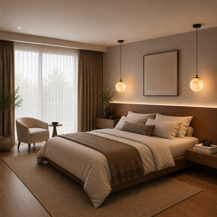 Modern Alabaster Globe Pendant Light Adjustable Ceiling Mount Integrated LED Soft Glow